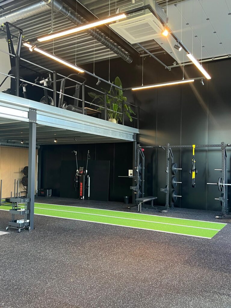 Een moderne fitnessruimte met zwarte muren, een vide met apparatuur, groene grasmatten, krachtapparaten, weerstandsbanden en natuurlijk licht - perfect voor functionele training en gezondheidsbegeleiding op maat.